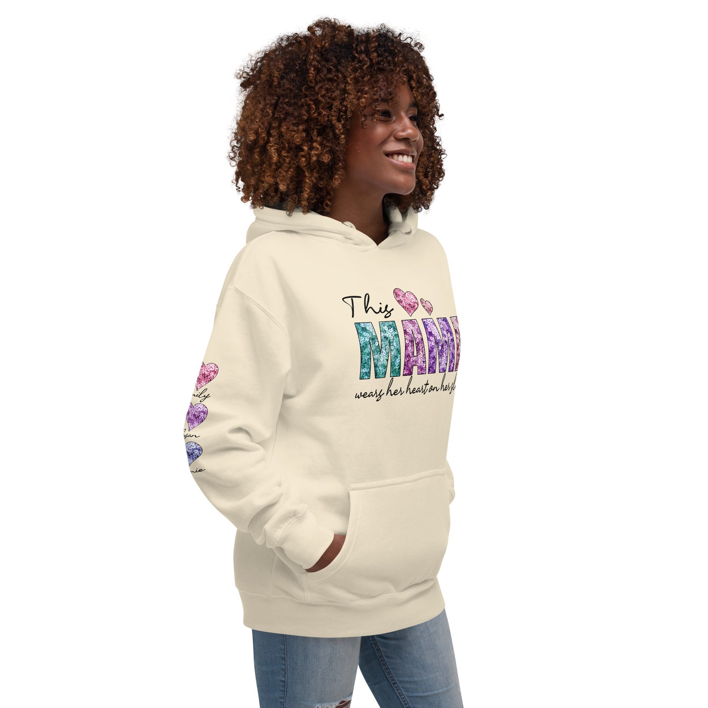 This Mama Wears Her Heart Personalized Hoodie – Custom Mama Hoodie with Kids’ Names on Sleeve – Mother’s Day Gift, Cool Mom Hoodie, Birthday Gift for Mom, Valentine’s Day Gift