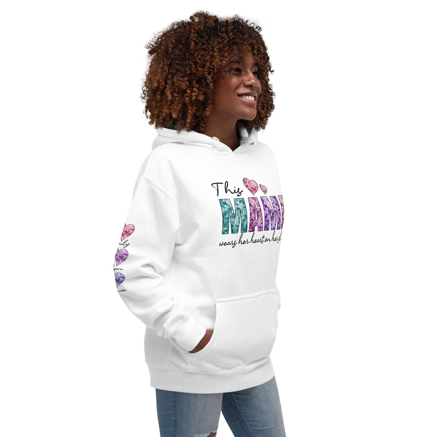 This Mama Wears Her Heart Personalized Hoodie – Custom Mama Hoodie with Kids’ Names on Sleeve – Mother’s Day Gift, Cool Mom Hoodie, Birthday Gift for Mom, Valentine’s Day Gift